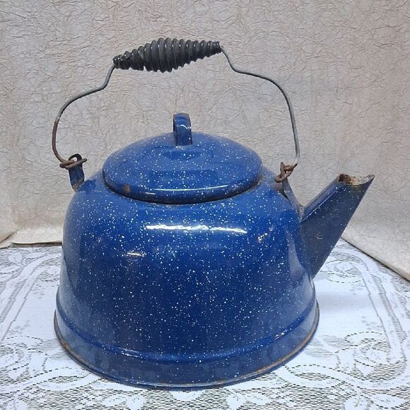 Blue Speckled Enamel Tea kettle - Picture 1 of 11